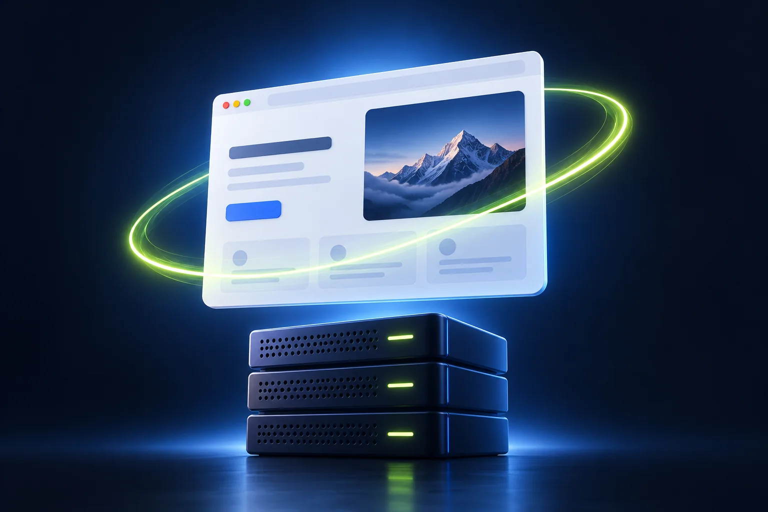 Floating website window above server hardware
